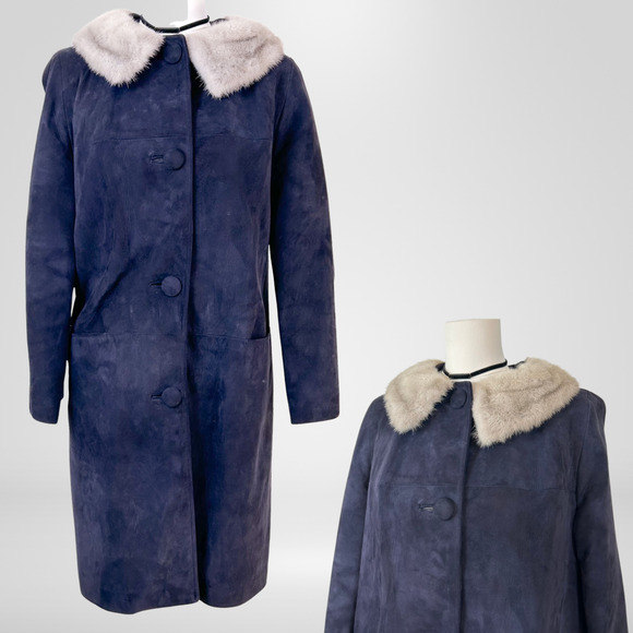 VTG Unbranded Womens Suede Leather Fur Trim Pea Coat Size 12 Luxury Mob Wife